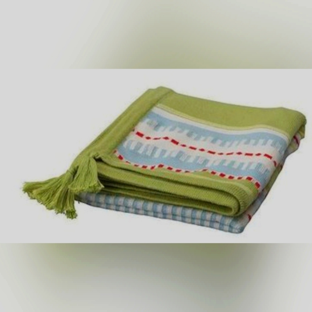 Ikea Torva Baby Blanket Cotton Knit Green Red Blue White Stripe Striped Tassels.